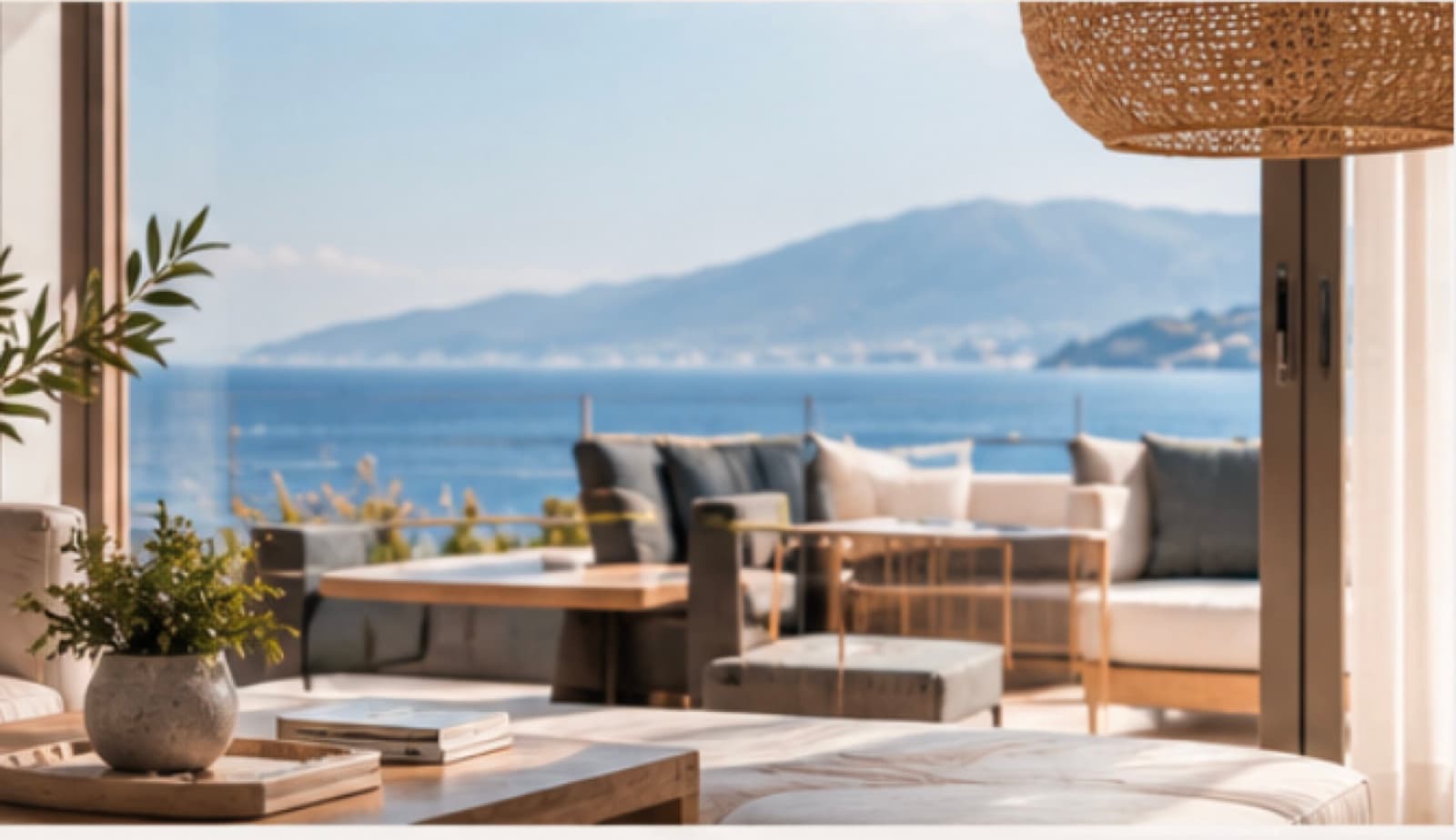 Salon contemporain avec vue sur la mer en Corse, décoration haut de gamme